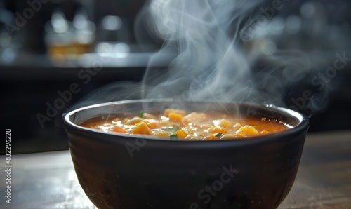 A bowl of hot soup with aromatic steam floating on top.