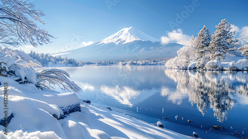 Mount Fuji, glistening with fresh snow, overlooks Lake Kawaguchi during winter, with frosty shores and a serene, peaceful atmosphere capturing the natural beauty.