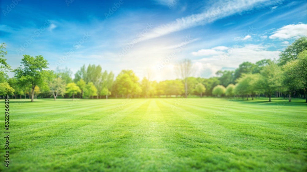 Beautiful blurred background image of spring nature with a neatly trimmed lawn surrounded by trees against a blue sky with clouds on a bright sunny day.