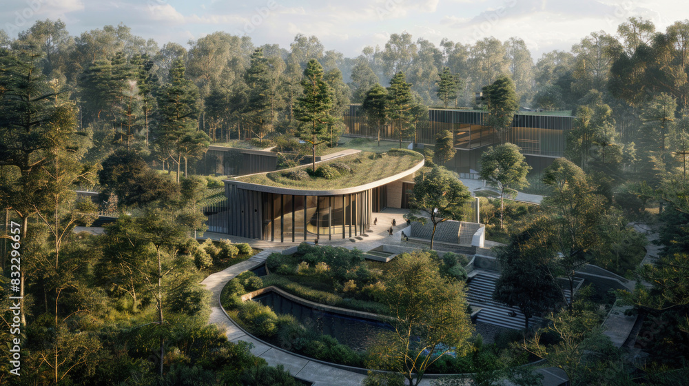 Fototapeta premium Power plant designed with environmental sustainability in mind, surrounded by trees and natural greenery, promoting low carbon energy solutions.