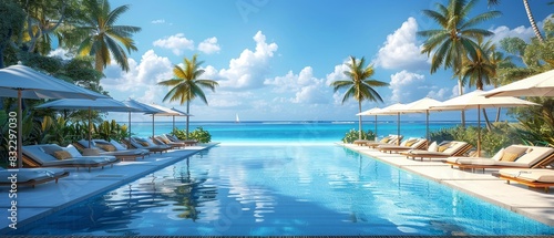 Luxurious swimming pool and loungers umbrellas near beach and sea with palm trees and blue sky photo