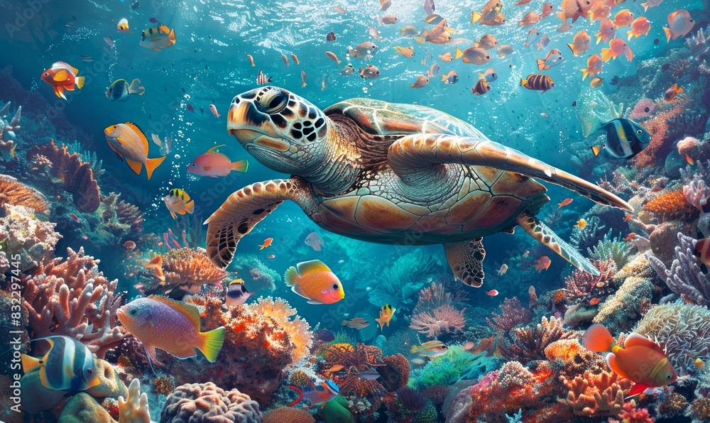 turtle with group of colorful fish and sea animals with colorful coral underwater in ocean turtle with group of colorful fish and sea animals with colorful coral underwater in ocean