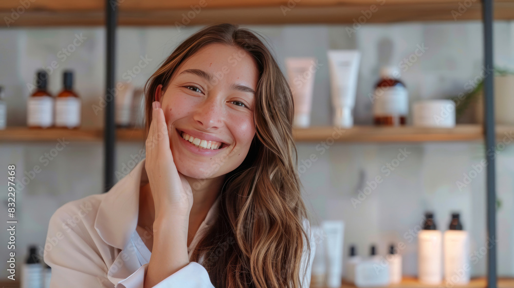 Skincare influencer with glowing skin, happily sharing her routine and favorite products during a live stream, creating engaging content for her beauty channel. Skincare influencer with glowing skin, happily sharing her routine and favorite products during a live stream, creating engaging content for her beauty channel.