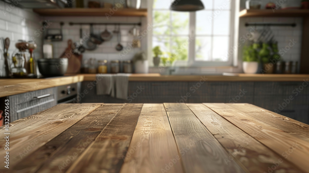Smooth wooden table, foregrounding a blurred, airy kitchen setting, suitable for mock-up presentations, displaying culinary products, or enhancing design concepts. Smooth wooden table, foregrounding a blurred, airy kitchen setting, suitable for mock-up presentations, displaying culinary products, or enhancing design concepts.