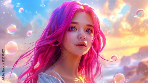 Ethereal girl with pink hair in a dreamy, fantasy setting with bubbles and magical lighting. Concept of fantasy art, ethereal beauty, mythic imagination, digital fantasy