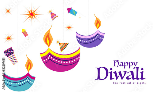 Indian Festival celebration background with flat style fire crackers and stylish oil lamps hang on blue and yellow background. Can be used as greeting card design. photo