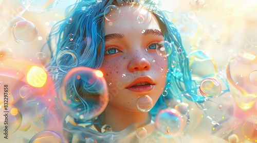 Fantasy female character with blue hair surrounded by colorful bubbles and dreamy landscape. Cute girl in wonderland. Concept of fantasy, digital art, magical, whimsical design