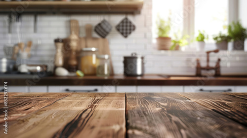 Smooth wooden table  foregrounding a blurred  airy kitchen setting  suitable for mock-up presentations  displaying culinary products  or enhancing design concepts.