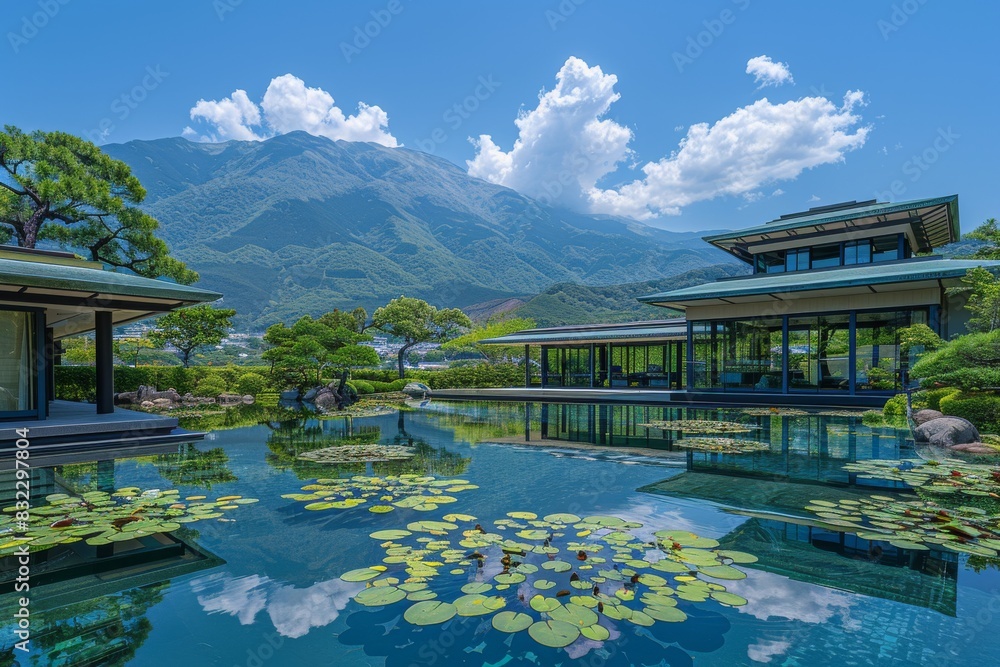 Naklejka premium Serene mountain retreat with luxury villa, reflecting pool, and lush greenery under a bright blue sky, perfect for relaxation and tranquility