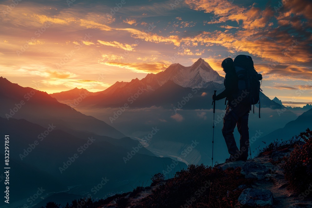 Silhouette of a hiker with backpack and hiking pole admiring a breathtaking mountain vista. Silhouette of a hiker with backpack and hiking pole admiring a breathtaking mountain vista.