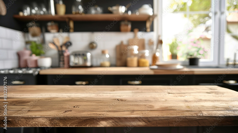 Smooth wooden table, foregrounding a blurred, airy kitchen setting, suitable for mock-up presentations, displaying culinary products, or enhancing design concepts.