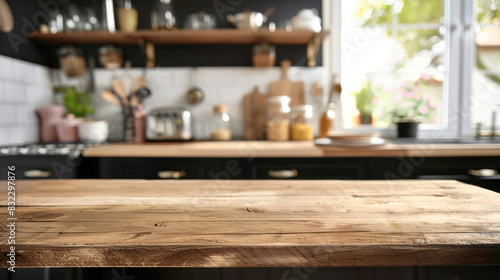 Smooth wooden table  foregrounding a blurred  airy kitchen setting  suitable for mock-up presentations  displaying culinary products  or enhancing design concepts.