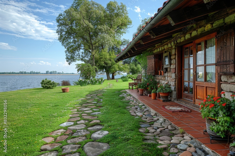 Cozy lakeside cottage with rustic design, stone pathway, and charming outdoor seating surrounded by natures beauty