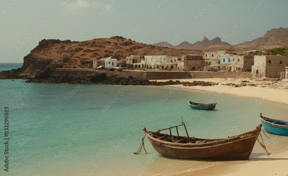 Obraz premium Coastal Charm Tranquil Scene with Boats and Traditional Architecture