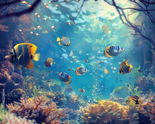 Surreal underwater scene with exotic fish