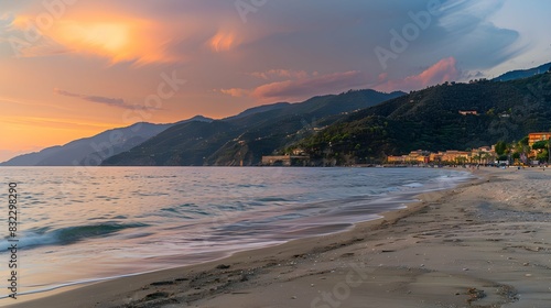 Italy, Liguria, Levanto, Seashore of Cinque Terre with Spiaggia Levan to beach and hills in background photo