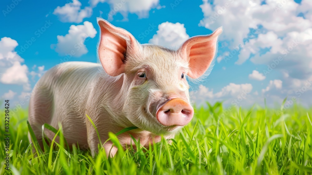 Adorable piglet standing on lush green grass under a bright blue sky with clouds. Young farm animal. Concept of nature, agriculture, rural life, livestock Adorable piglet standing on lush green grass under a bright blue sky with clouds. Young farm animal. Concept of nature, agriculture, rural life, livestock