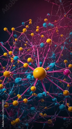 Vibrant 3d rendering of complex network structure displayed, resembling neural connections, molecular model.