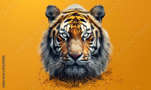 Close-up of tiger face on vibrant orange background with copy space  Tiger Day. Wildlife conservation concept for poster and design.