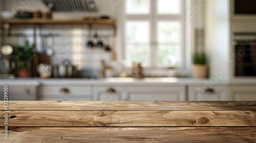Wooden table top with a smooth finish on a blurred kitchen background  perfect for mock-ups  product displays  or design layouts  offering an inviting and versatile space.