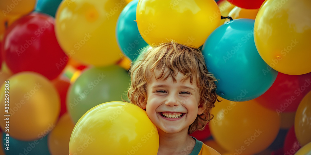 Obraz premium A young boy is surrounded by a bunch of balloons, with some of them being yellow