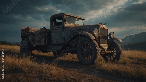 Old, rusty truck sits abandoned in field, relic of bygone era. Faded, peeling paint on vehicle tells story of time, neglect, with rust eating away at bodywork. Truck rests on grassy terrain. photo