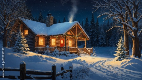 Wooden cabin, nestled in winter landscape, exudes warmth against cold night. Glow from windows contrasts with blue hues of surroundings. Smoke wafts from chimney, hinting at cozy fire within.