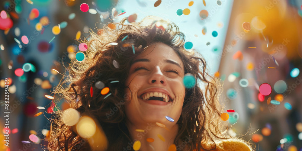 A woman with curly hair is smiling and surrounded by colorful confetti A woman with curly hair is smiling and surrounded by colorful confetti
