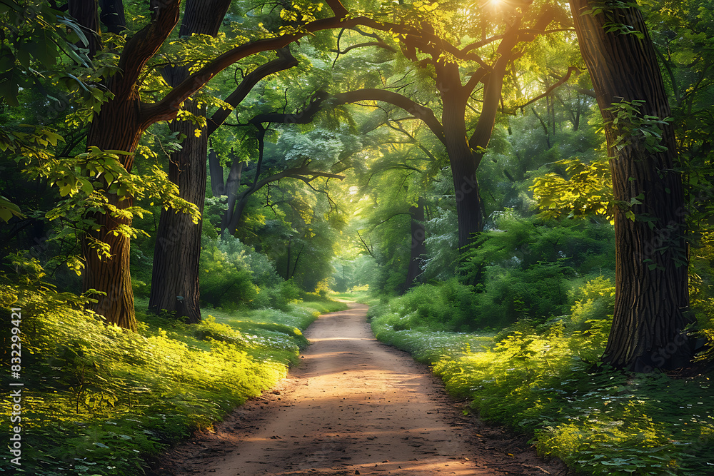 Fototapeta premium Hidden Woodlands: Lush Forest Pathway Leading to Enchanting Clearing in Soft Green Hues