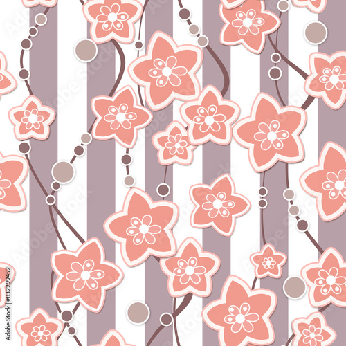 Seamless abstract floral retro flowers summer patterm beige white coral background