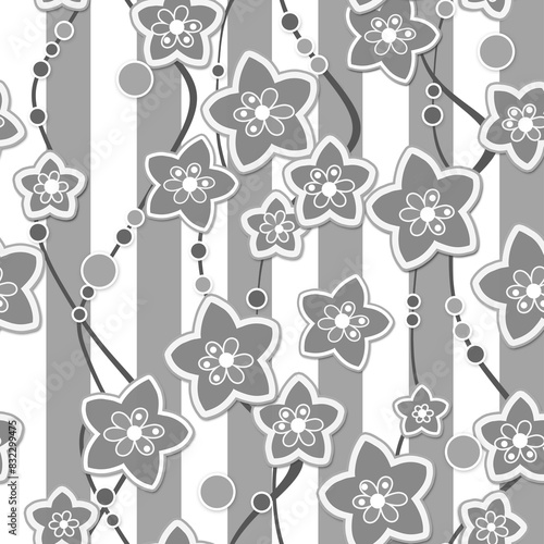 Seamless abstract floral retro flowers summer patterm white gray background