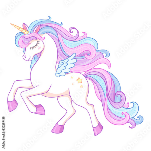 White unicorn with a rainbow mane. Isolated on a white background. Fantastic animal For children's design of prints, posters, cards, non-adhesives, etc. Vector illustration