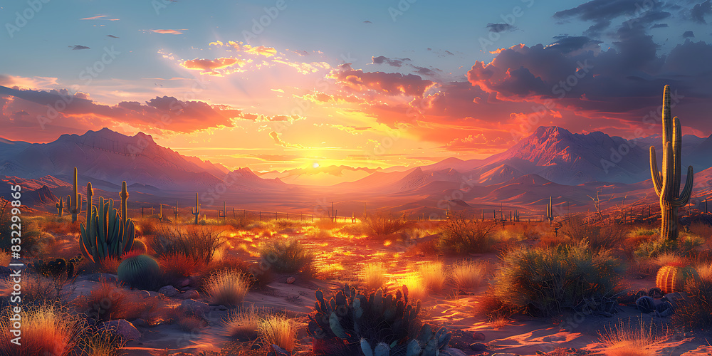 Captivating Desert Sunset: Golden Hues & Silhouetted Cacti