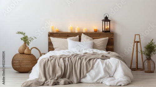 Tranquil bedroom scene featuring a cozy bed with fluffy pillows and a soft throw blanket, dimmed ambient lighting for a relaxing ambiance Isolated white background © PeeM4289
