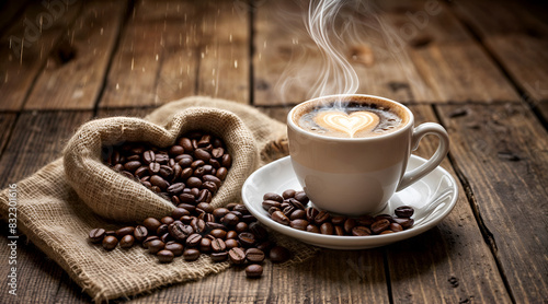 A steaming cup of coffee rests on a rustic wooden table beside a burlap sack  encircled by a scatter of roasted coffee beans.