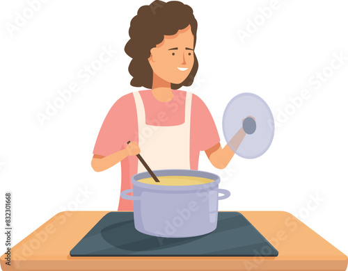 Cheerful cartoon woman stirring a pot on the stove in a home kitchen setting