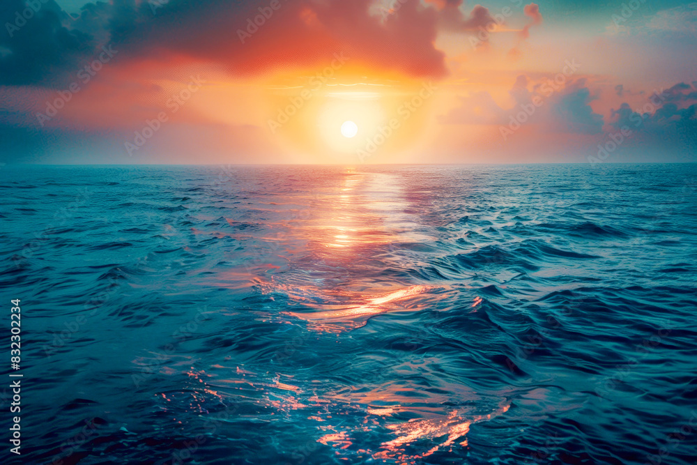 Peaceful ocean sunset with the sun reflecting on the water.