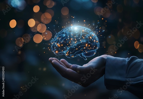 Businessman holding a virtual glowing hologram icon of artificial intelligence and digital marketing with an AI brain and data stream in hand on a dark background