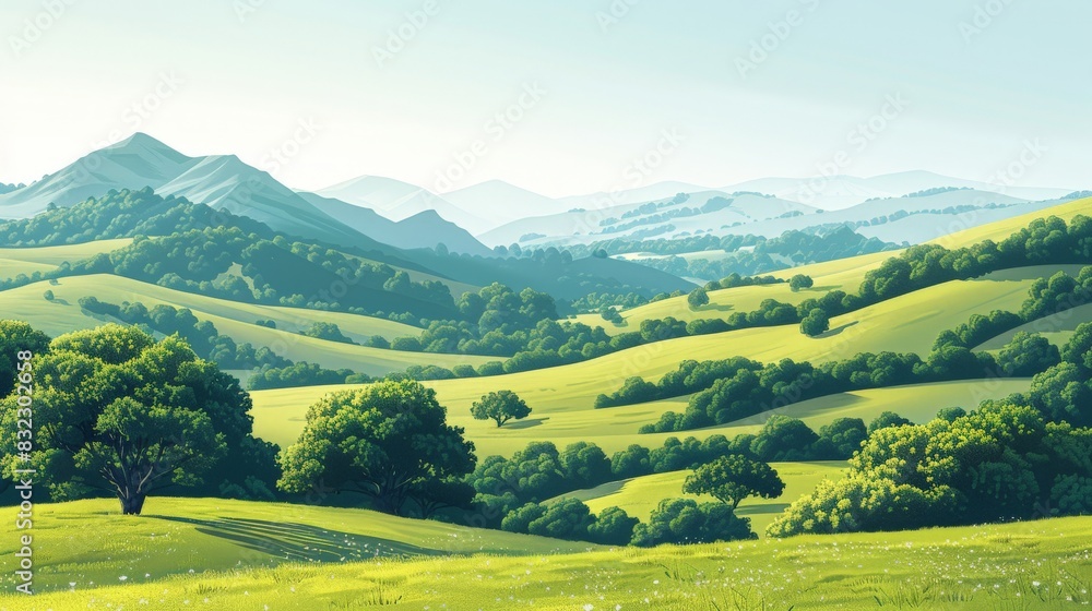 Fototapeta premium An illustration of countryside hills, featuring gentle slopes and lush greenery. The minimalist approach uses clean lines and simple shapes to convey the peacefulness of the rural setting. The clear