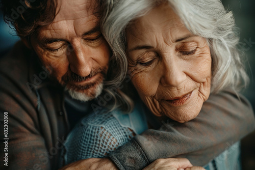 An elderly couple in love. Senior husband and wife cuddling on the sofa at home. Generated by artificial intelligence