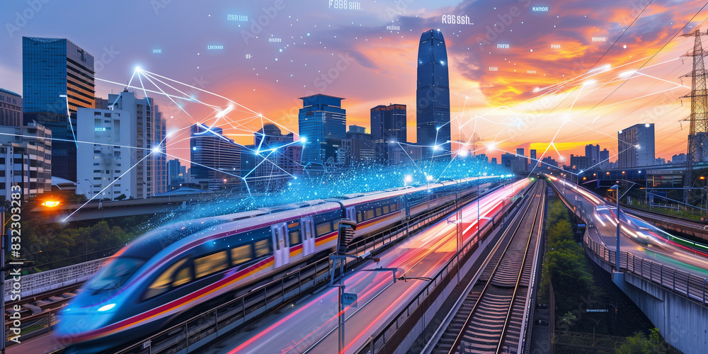 Obraz premium A high-speed train passing through the city, surrounded by digital data connections and holographic displays showcasing smart railway technology, with modern skyscrapers in the background, conveying i
