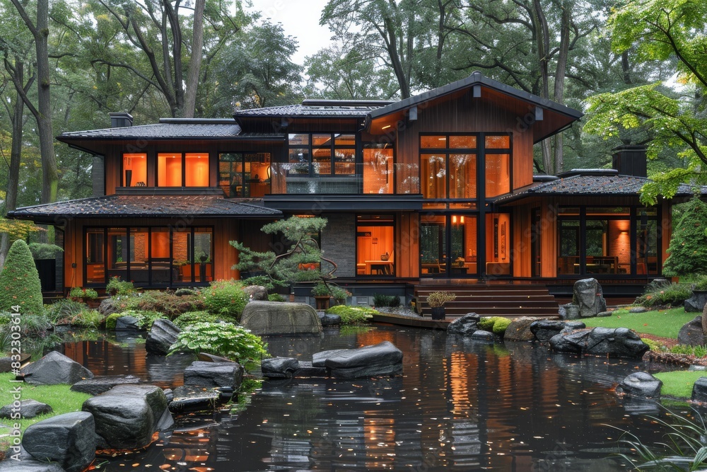 Tranquil forest retreat with a luxurious villa, reflecting pool, and lush greenery under a clear sky, ideal for relaxation Tranquil forest retreat with a luxurious villa, reflecting pool, and lush greenery under a clear sky, ideal for relaxation