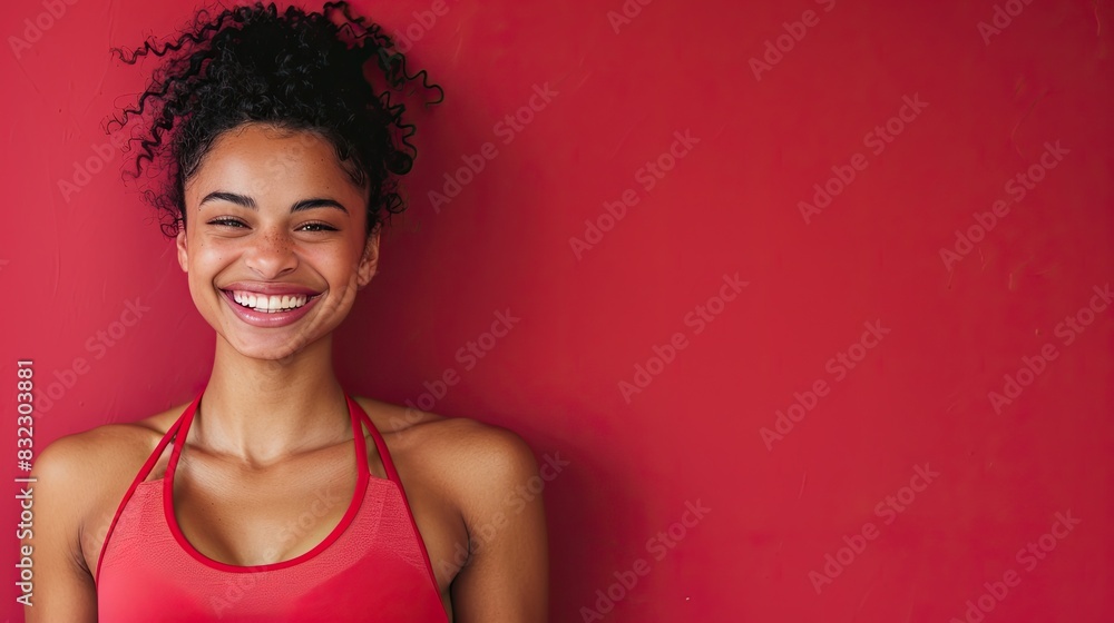 Cutest fitness model in a happy mood, smiling with joy, isolated on a ruby red background Cutest fitness model in a happy mood, smiling with joy, isolated on a ruby red background