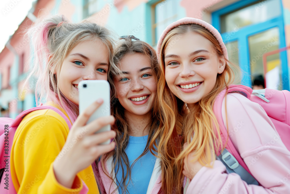 Three teenage girls taking a selfie outside. Three teenage girls taking a selfie outside.