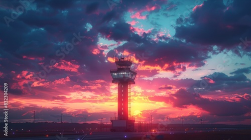 Air traffic control tower framed by dramatic sunset colors creating striking view photo