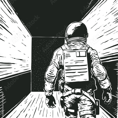 An astronaut walks through a tunnel to the stars, vector