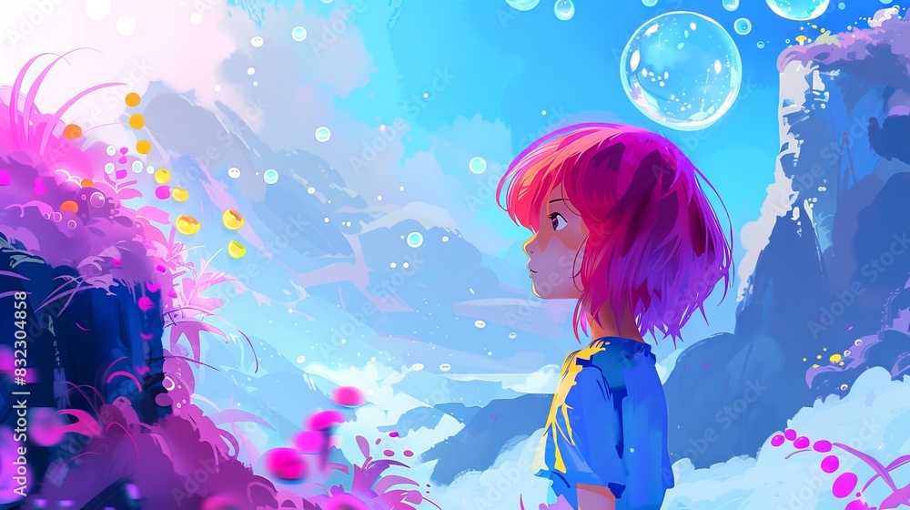 Obraz premium Young girl with pink hair in a vibrant fantasy landscape. Cartoon female character. Concept of imagination, fantasy art, surreal landscape, dreamlike scenery