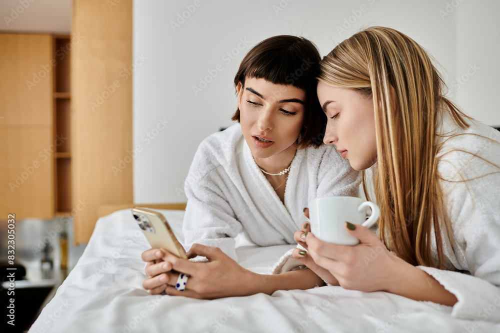 A beautiful lesbian couple in bath robes lay on bed, engrossed in cell phone A beautiful lesbian couple in bath robes lay on bed, engrossed in cell phone