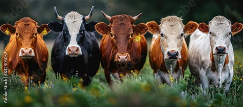 Herd of cattle standing on lush green field photo