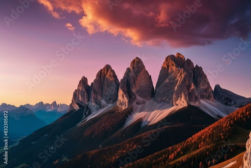 Sunset at Dolomites with Dramatic Mountain Silhouette photo